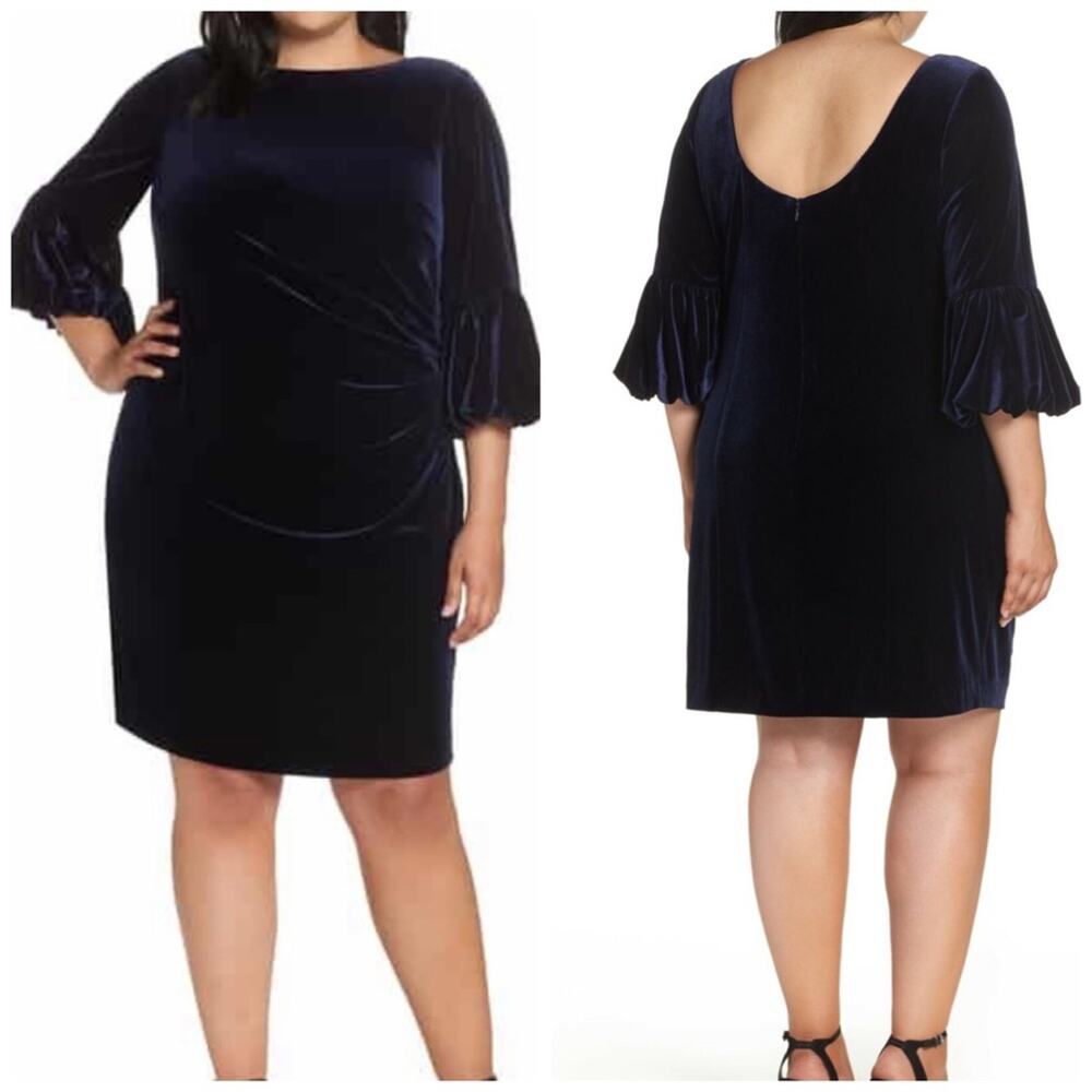 🆕 Eliza J Womens Blue Velvet Side‎ Ruching Bubble Sleeve Bateau Neck Size 18W